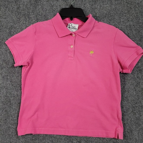 Vintage Lilly Pulitzer Shirt Women's Medium Pink Island Polo Palm Tree‎ Preppy - Picture 1 of 8